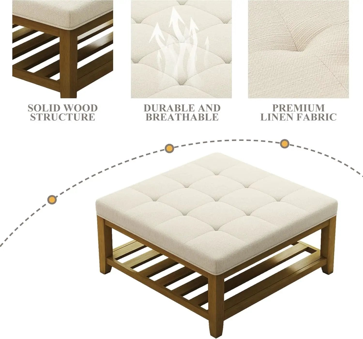 Oversized Ivory Upholstered Ottoman With Wooden Shelf from PriceLows™