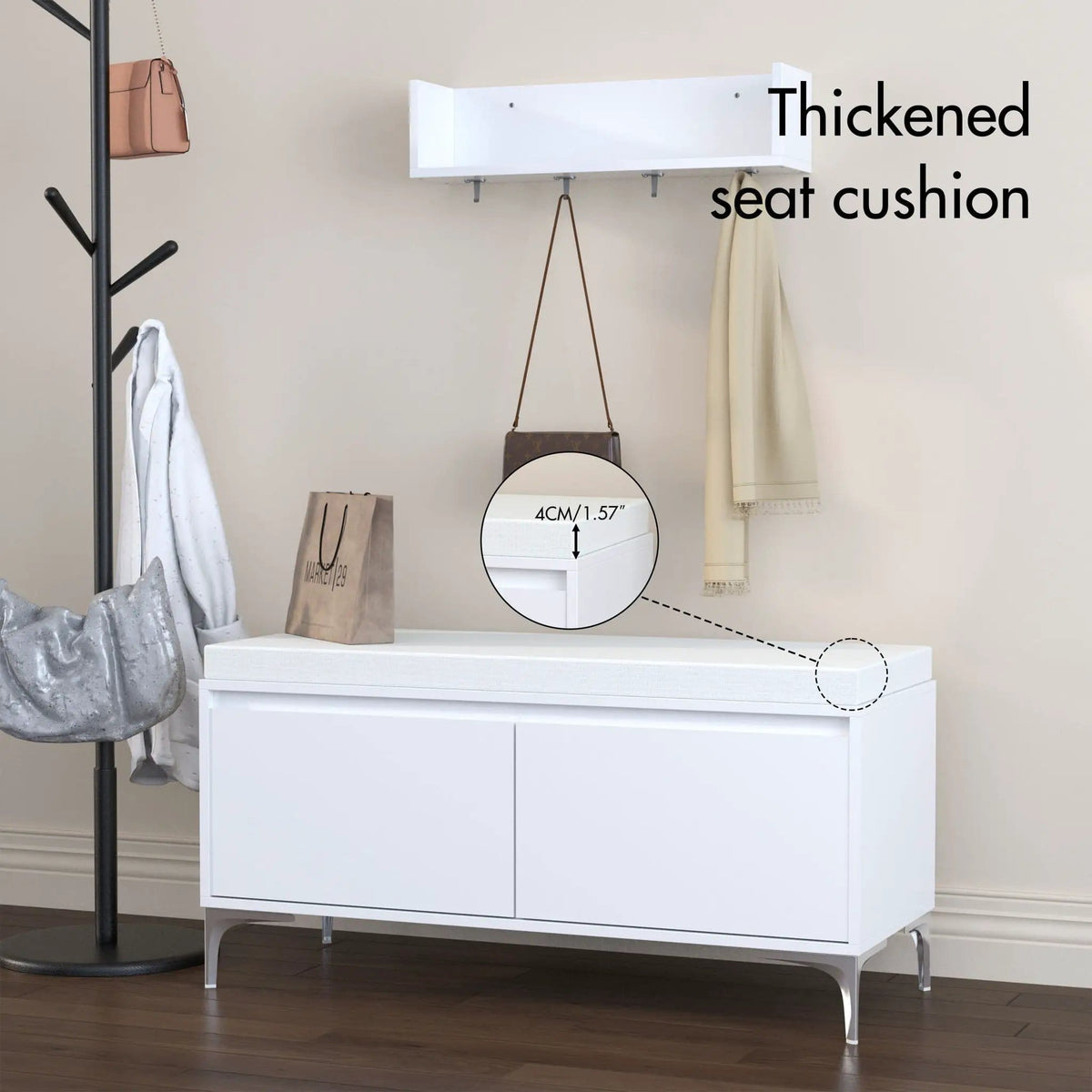 Wall Mounted Entryway Shelf With Hooks And Storage Bench Set - | 39.37 x 15.75 x 19.49 in | Metal & Wood | Off White
