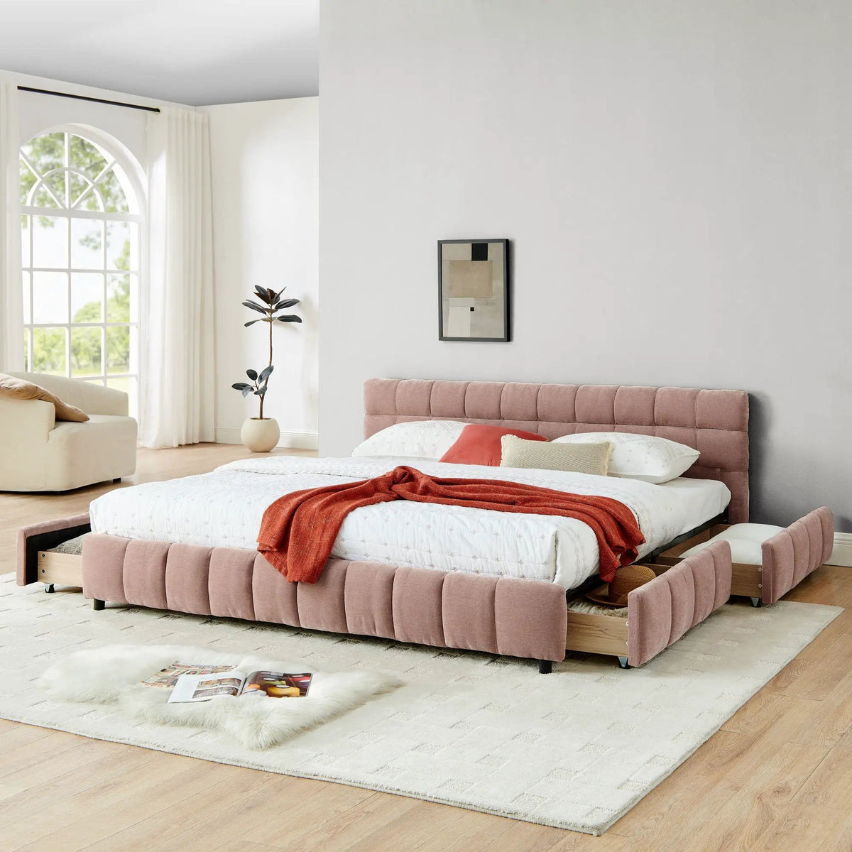 Modern Platform Storage Bed Frame | Thick Fabric Upholstery | Soft Headboard | Solid Construction