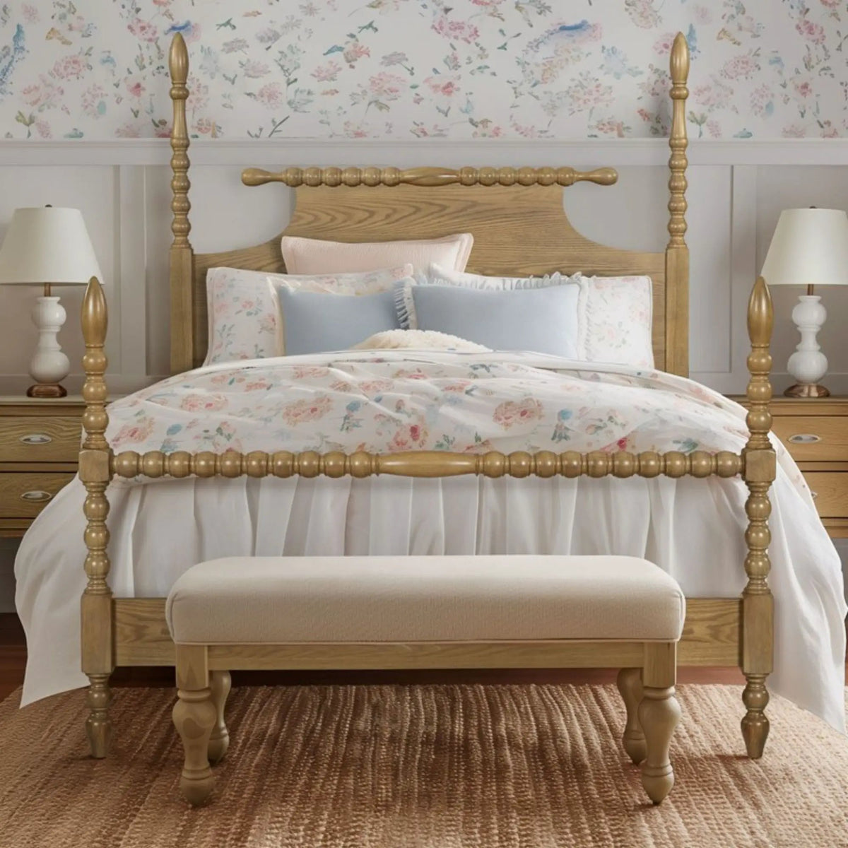 Queen Turned Leg Bed | Traditional Post Design | Solid Wood Frame | Natural Camel Oak Finish