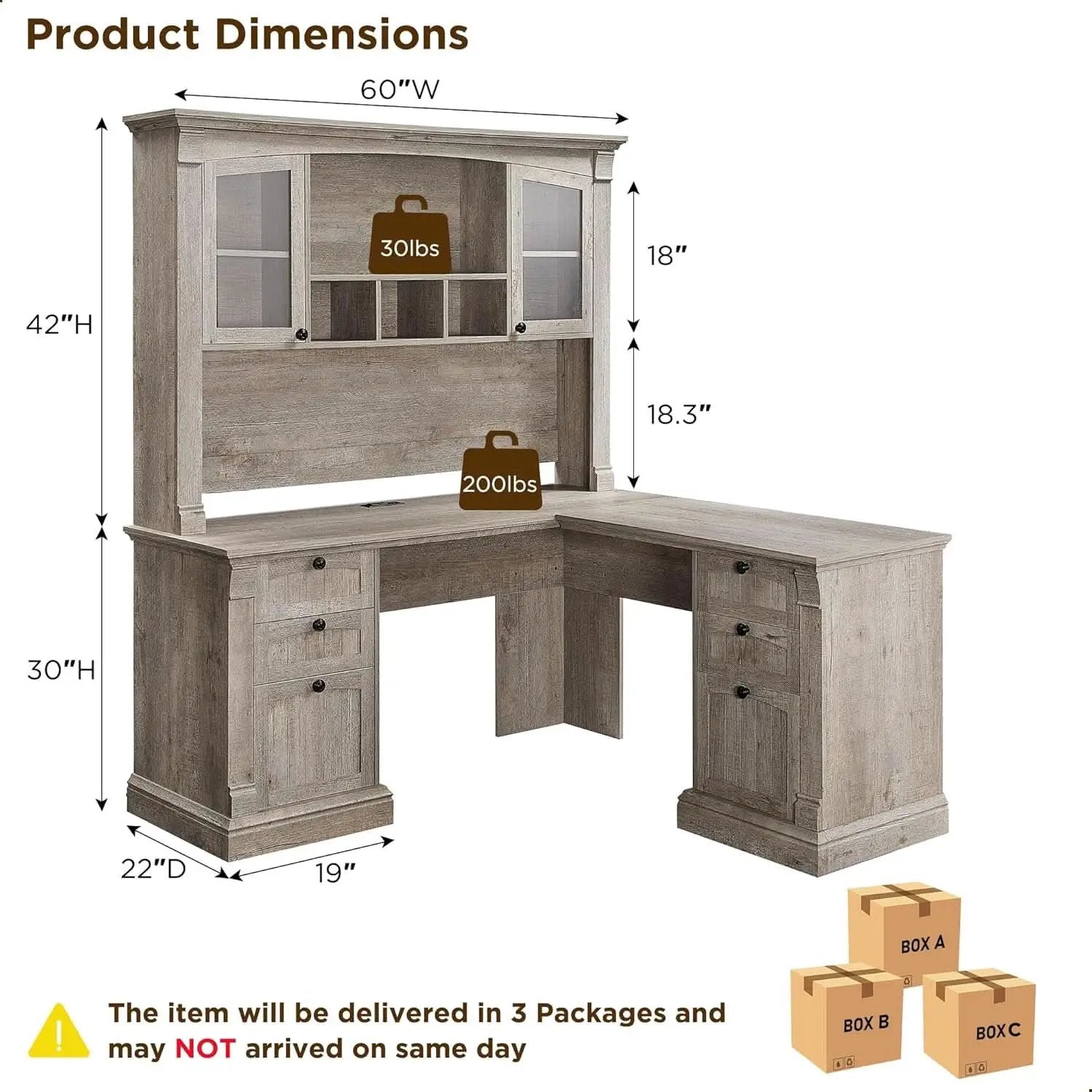 60-Inch L-Shaped Desk With Hutch Light Rustic Oak Finish from PriceLows™