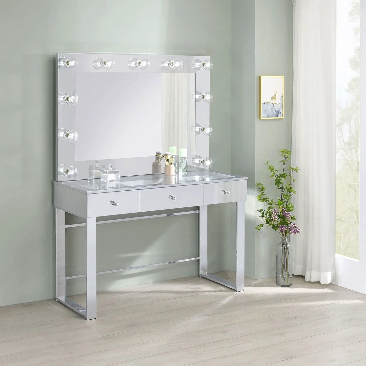 Umbridge 3-drawer Vanity Set with Lighting Chrome and | 46.25 x 19.5 x 62 in | Tempered Glass & Metal | White