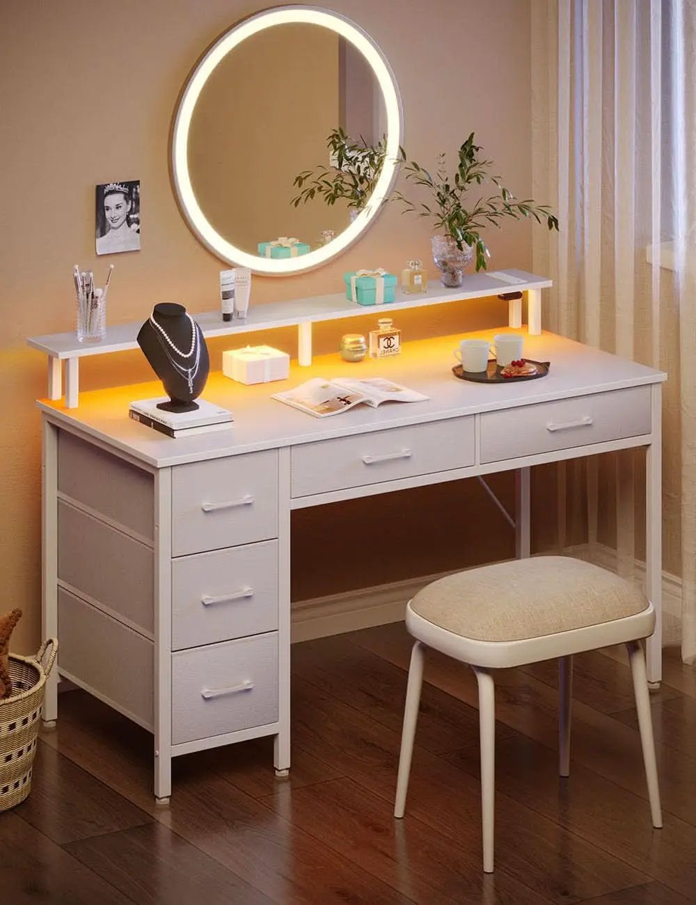 39 Inch Computer Desk Power Outlets LED Light White from PriceLows™