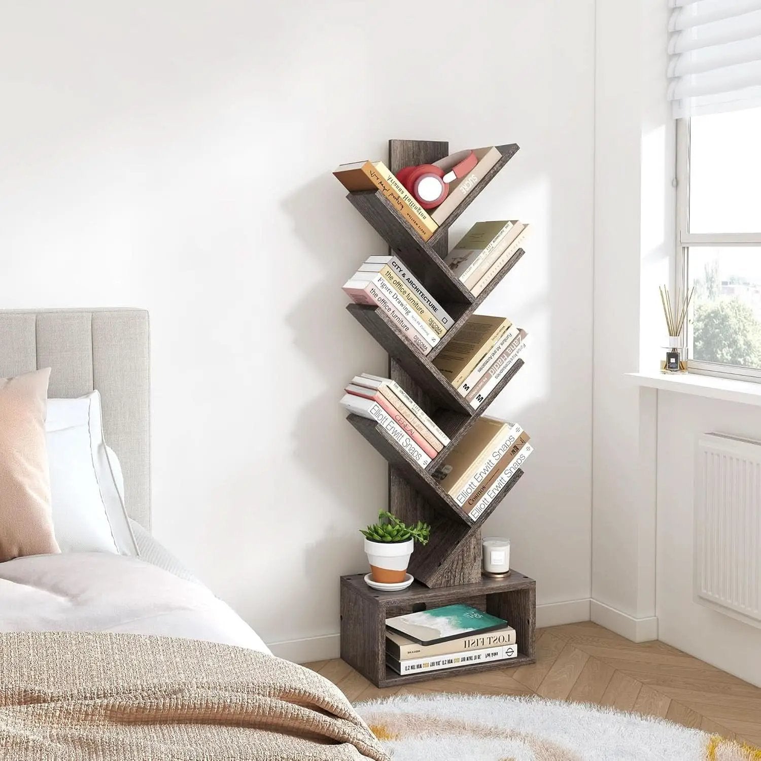 6 Tier Tree Bookshelf Bookcase With Drawer Grey Office from PriceLows™