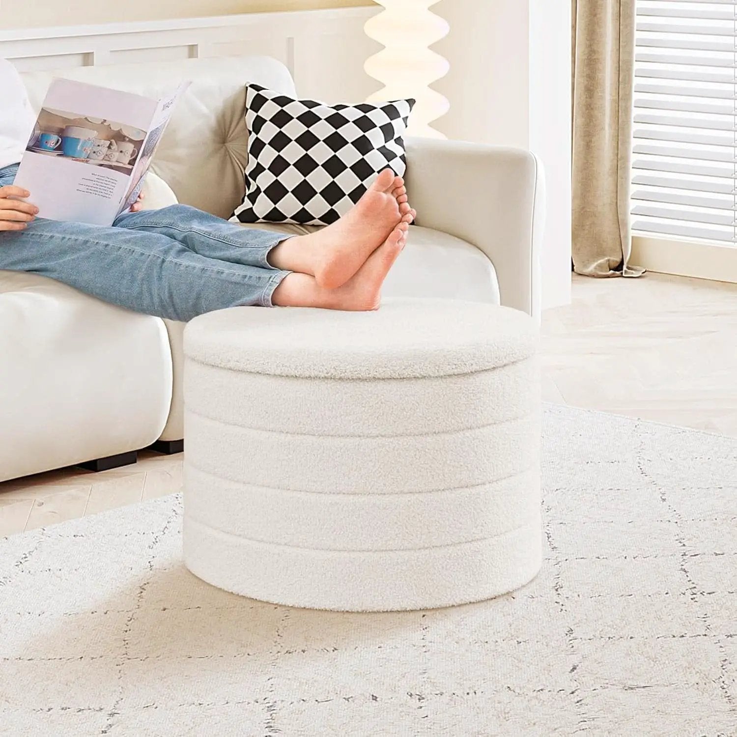 White Round Storage Ottoman Ultra Durable Cozy Elegant from PriceLows™