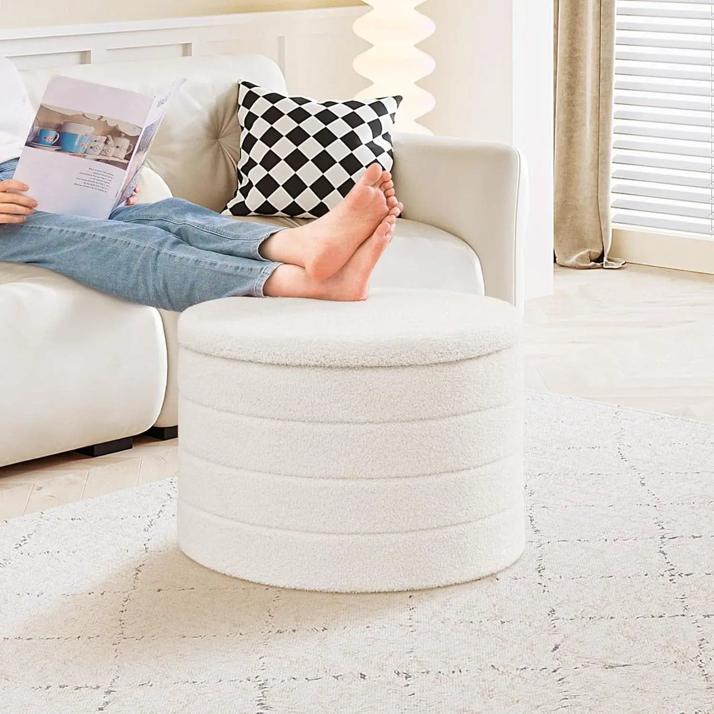 Rounded White Luxurious Boucle Storage Ottoman Lid from PriceLows™