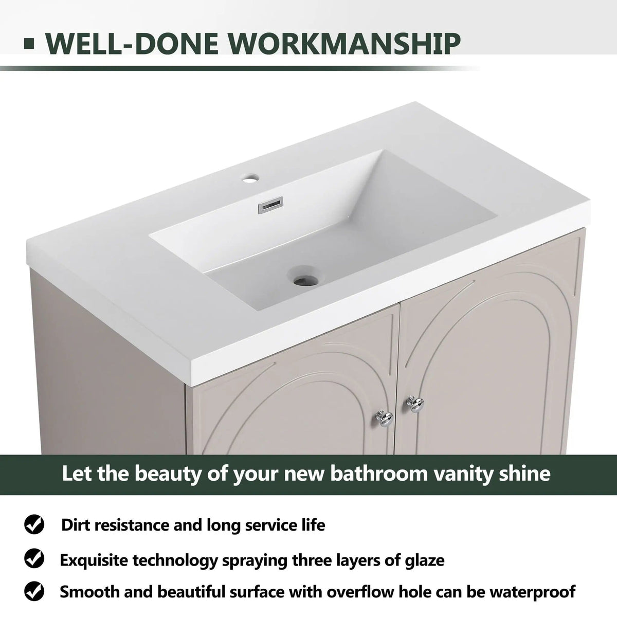 Contemporary Freestanding Bathroom Vanity With Resin Sink & Soft-Close Cabinet Doors | 7 Pieces | Stainless Steel & Plywood | Bathroom