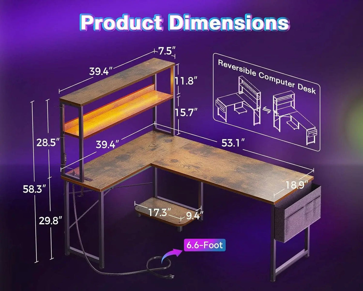 53 Inch L Shaped Desk With LED Lights And Power Outlet from PriceLows™