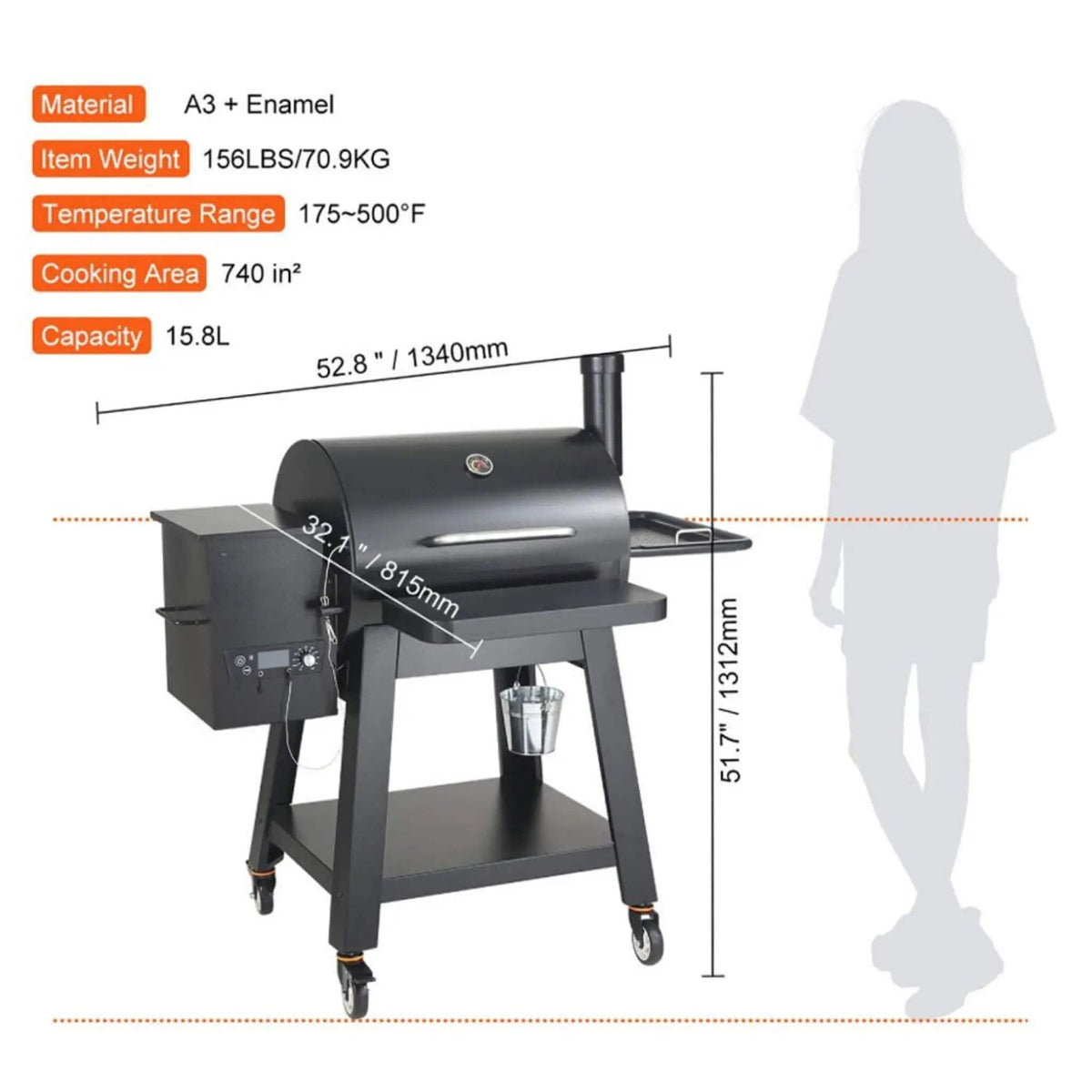 53-Inch Heavy-Duty Portable Wood Pellet BBQ Grill With Cart | 53 Inch | Wood | Outdoor Grill