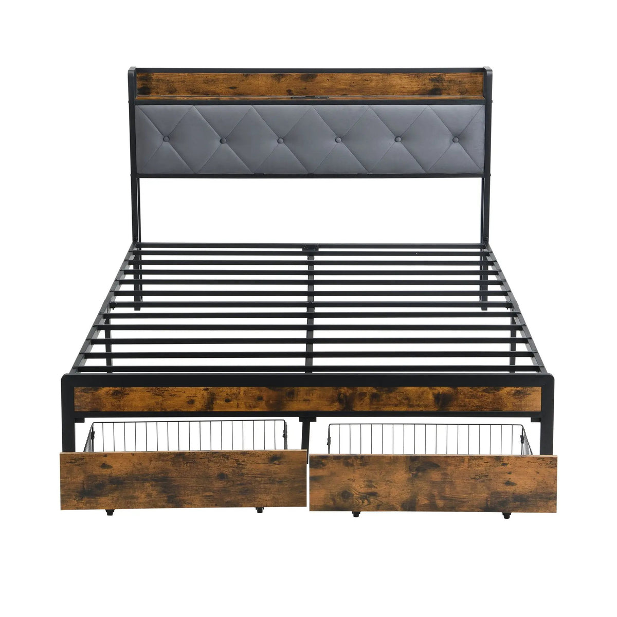Modern Storage Bed Frame | LED Lights With Remote | Upholstered Headboard | USB Charging Station