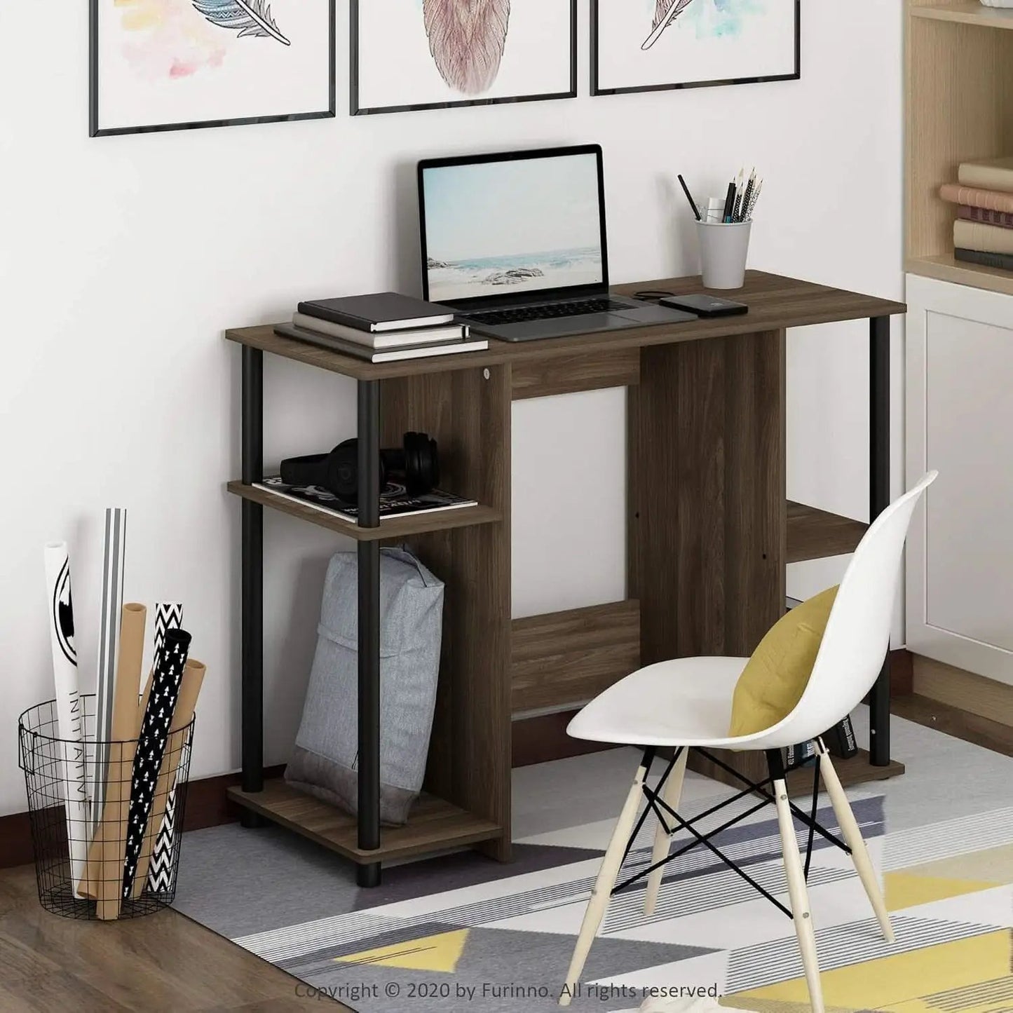 Walnut Computer Desk With Storage Shelves For Small Spaces from PriceLows™