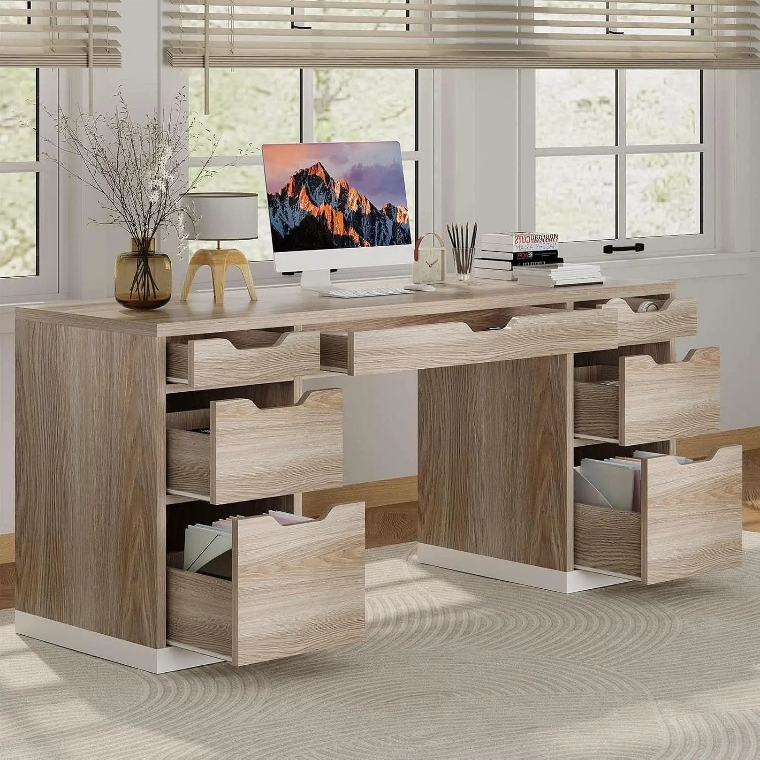54 Inch Computer Desk With Storage Drawers White Walnut from PriceLows™
