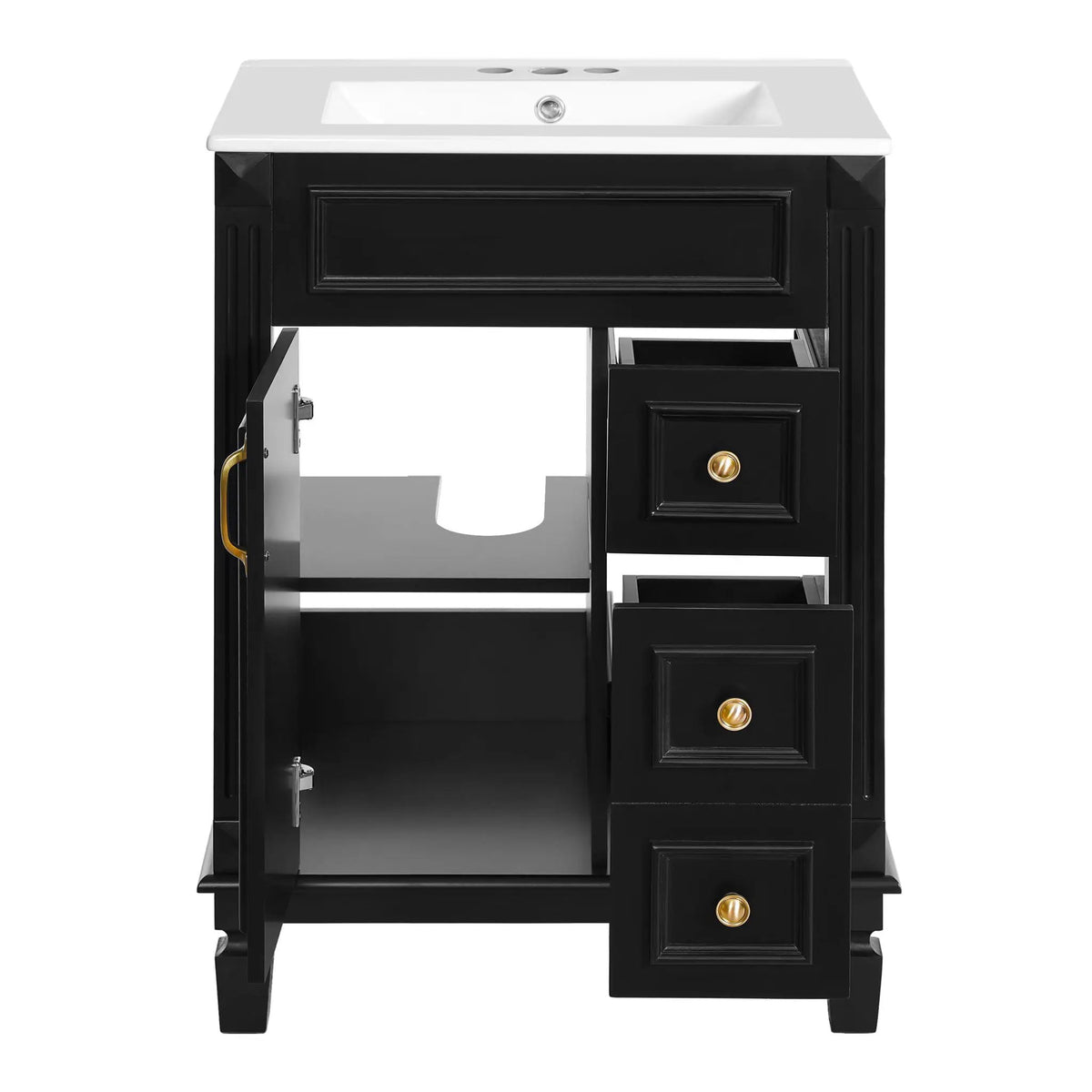 24 Inch Compact Bathroom Vanity | 2 Deep Drawers | Adjustable Shelf | Retro Button Handles