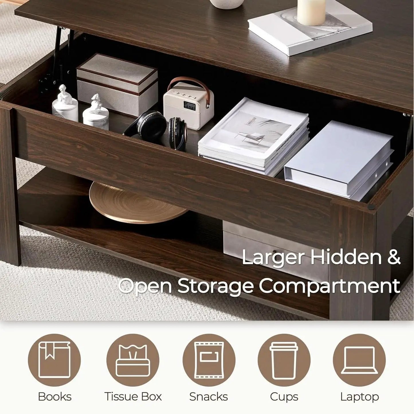 Espresso Lift Top Coffee Table With Hidden Compartment from PriceLows™