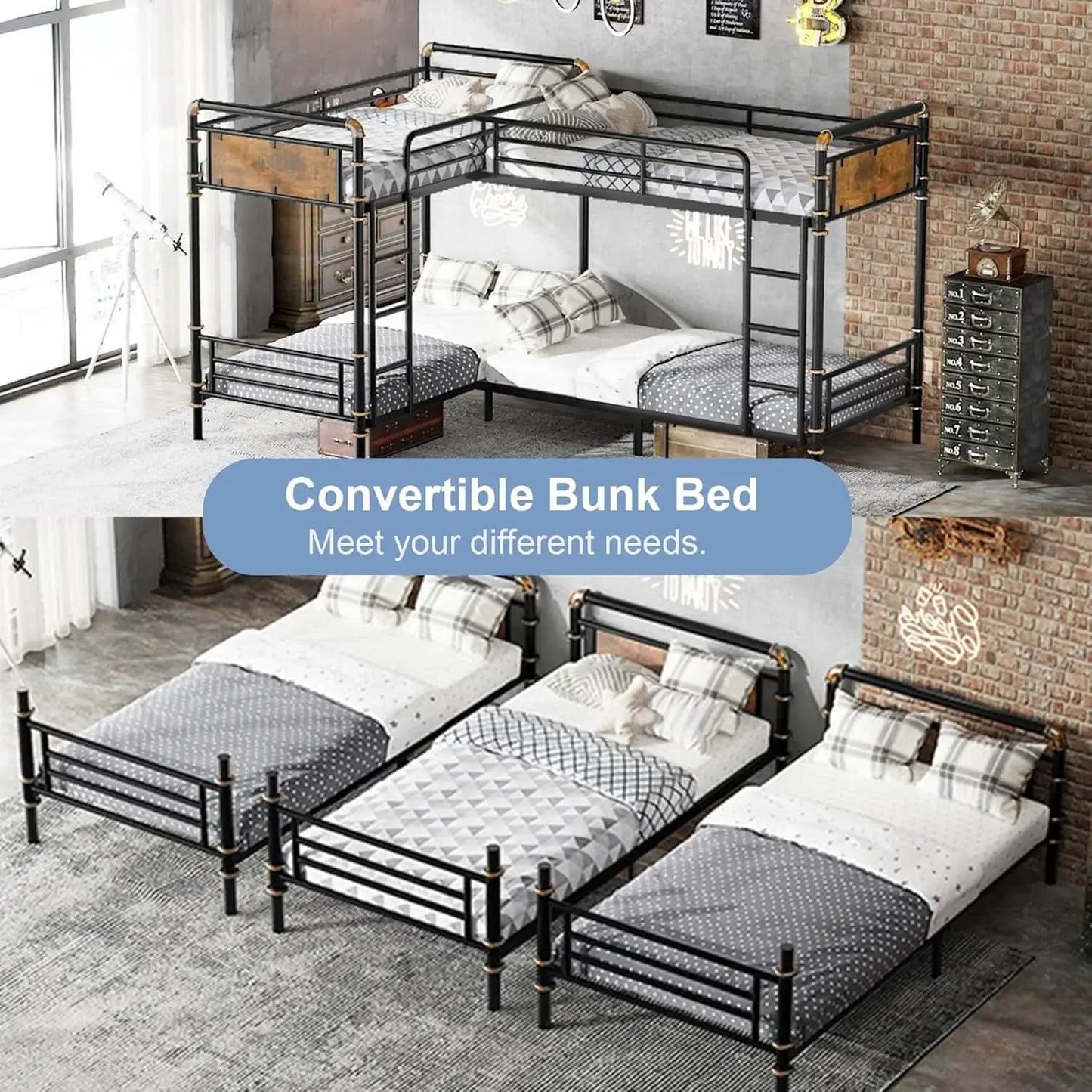 Quad Bunk Bed Twin Size Metal With Ladders Detachable Black from PriceLows™