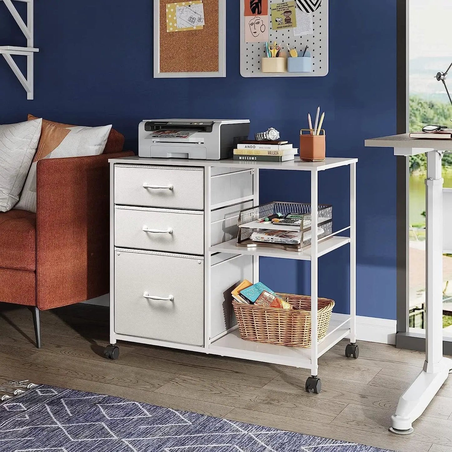 3 Drawer Mobile File Cabinet With Rolling Printer Stand And Open Storage Shelf White from PriceLows™