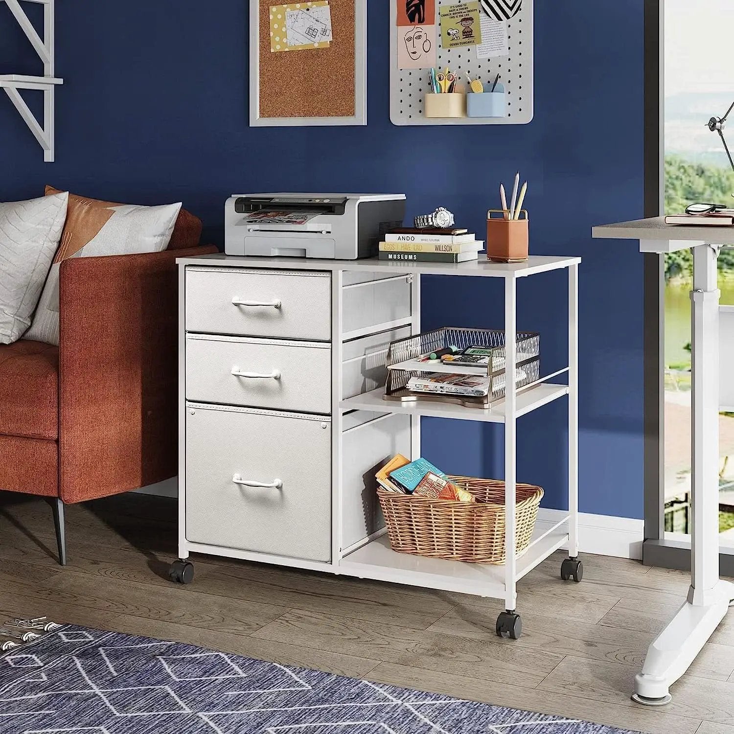 3 Drawer Mobile File Cabinet With Rolling Printer Stand And Open Storage Shelf White from PriceLows™