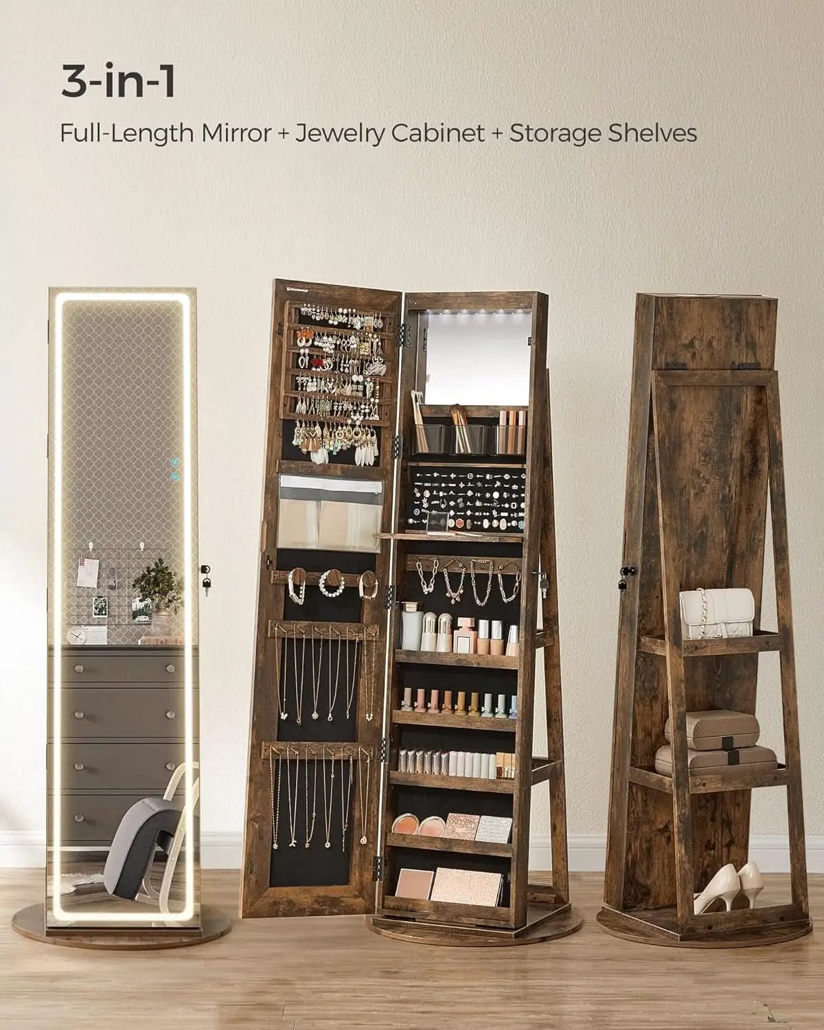 Rustic Brown LED Mirror Jewelry Cabinet Armoire Lockable from PriceLows™