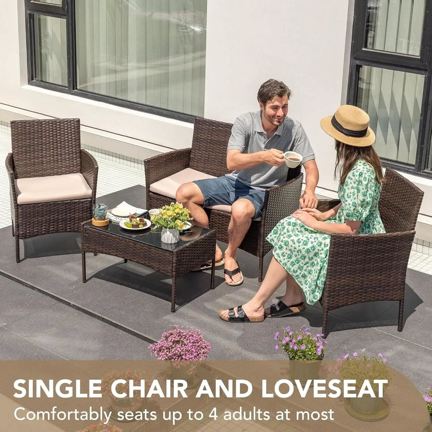 4 Piece PE Rattan Patio Furniture Set With Beige Cushions from PriceLows™
