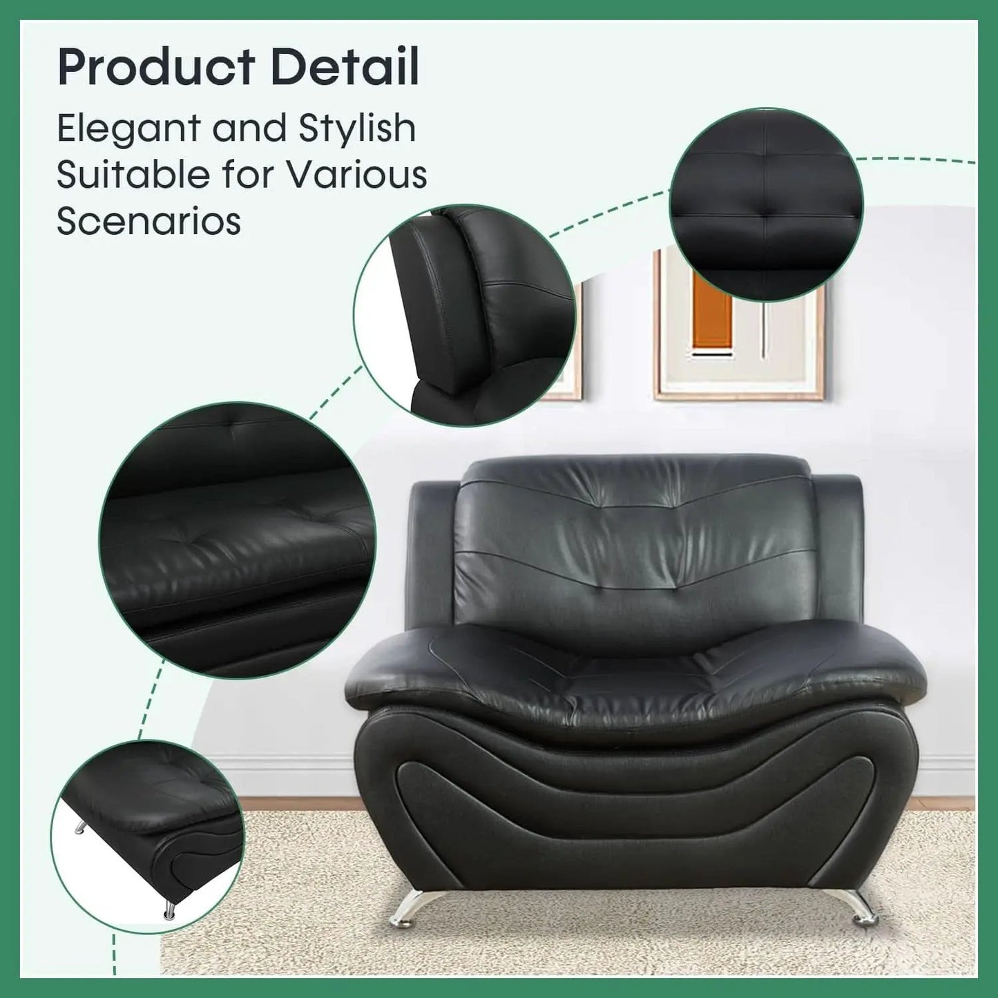 Leather Sofa Set 3 Piece With Loveseat And Armchair For Living Room Black from PriceLows™