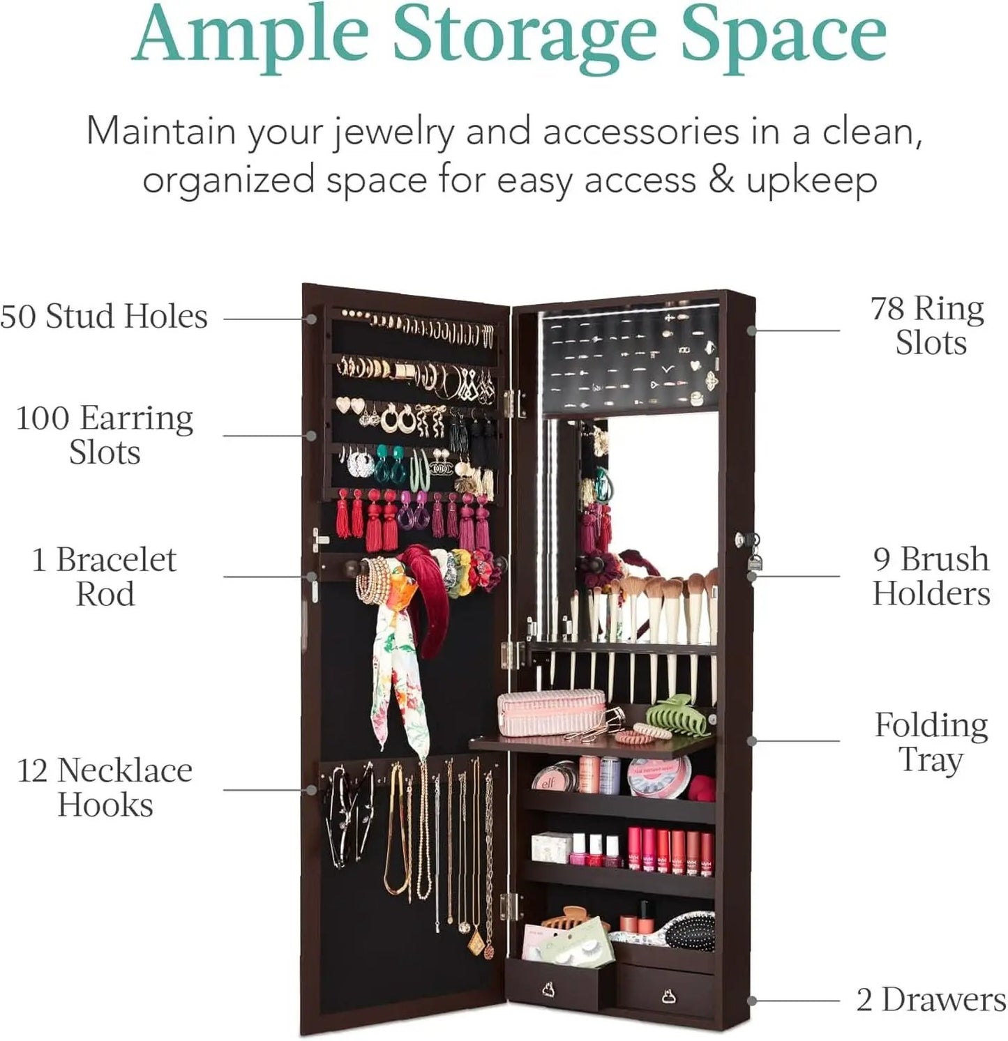 LED Mirror Jewelry Cabinet Lockable Espresso Armoire from PriceLows™