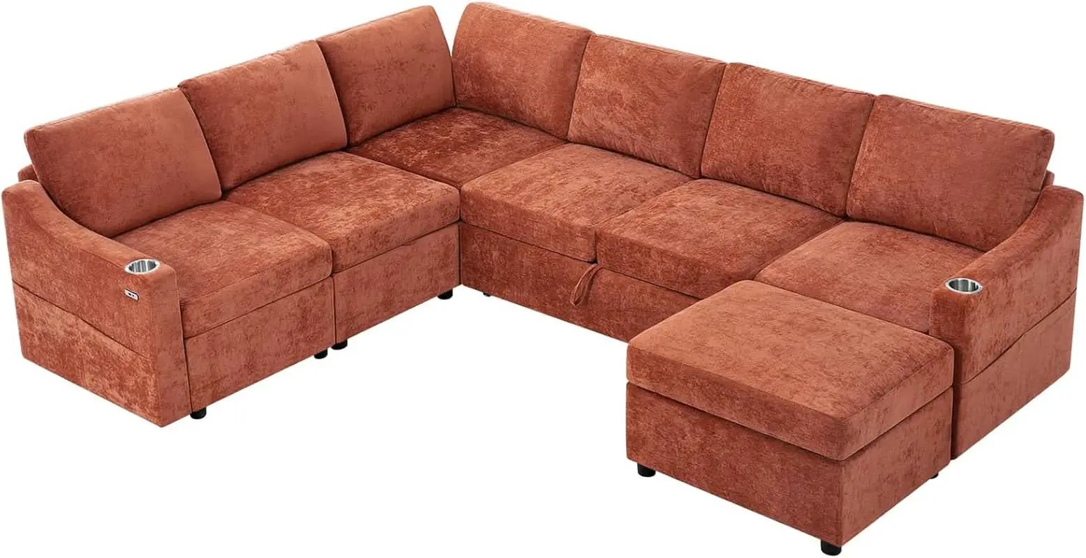 116Inch Orange Chenille Fabric Modular Sleeper Sofa USB from PriceLows™