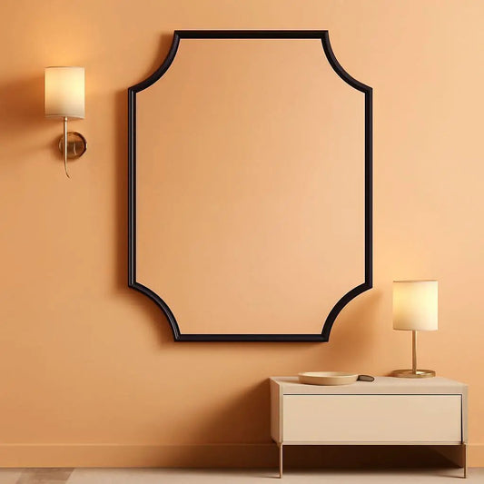 Bathroom Mirror | 30x40 Inch Size | Black Iron Frame With Scalloped Corners | Wall Mount