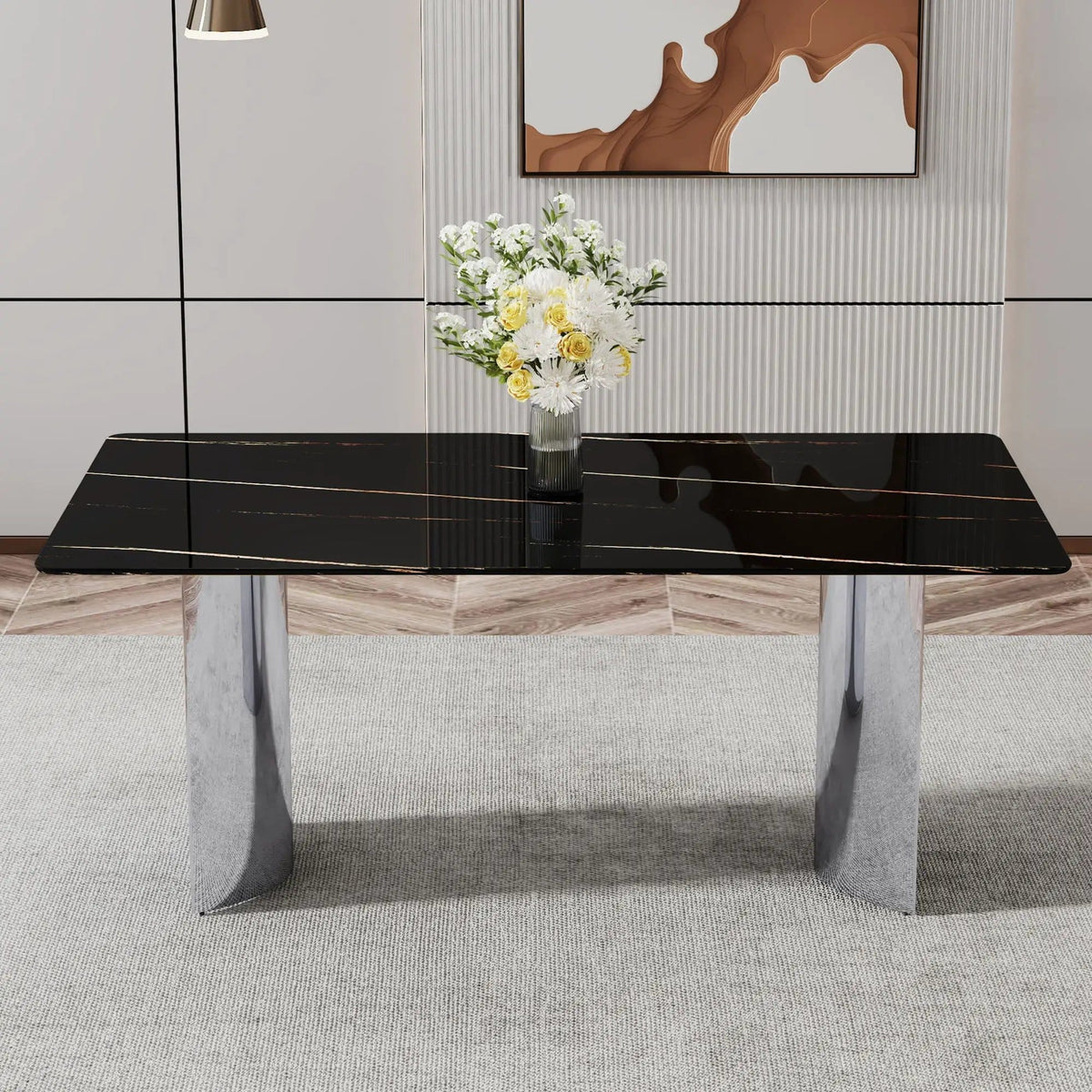 Modern Minimalist Dining Table With Marble Glass Top | 71 x 39.3 x 29.5 in | Marble & Glass | Dining Room
