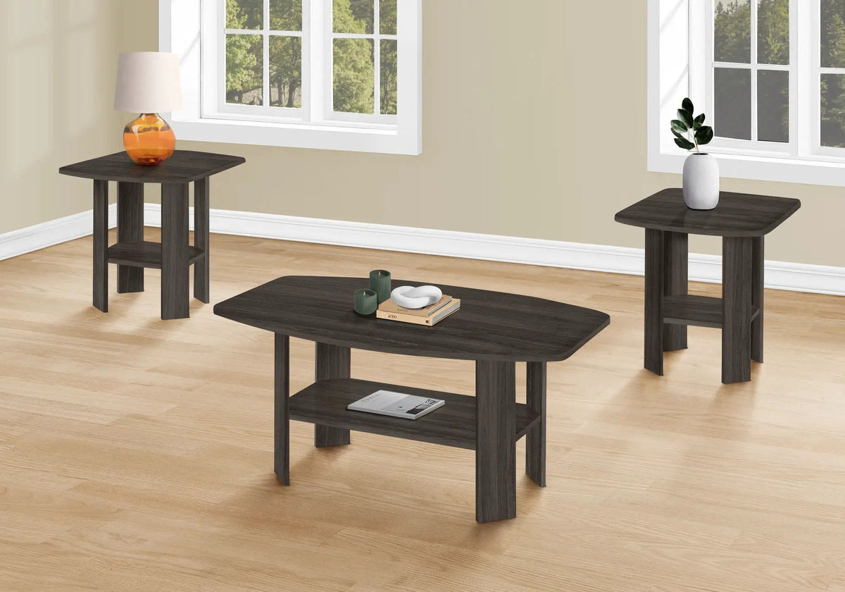 Brown Oak Coffee Table Set | Set Of 3 | Transitional Style | Rounded Shapes
