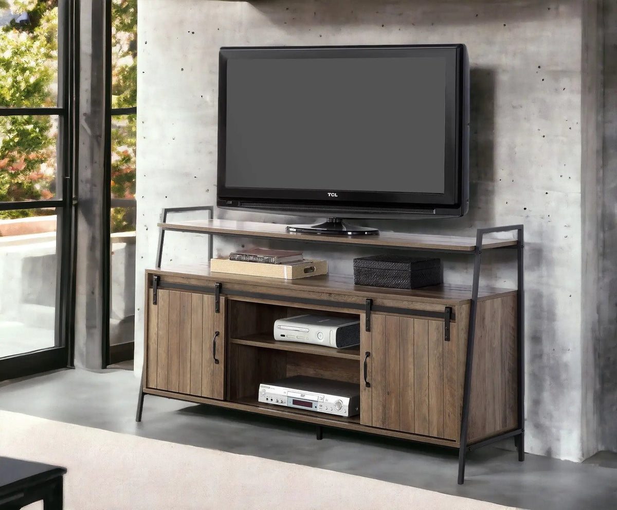 Rashawn Rustic TV Stand | Sliding Barn Doors | Oak Finish | Metal Frame And Composite Wood