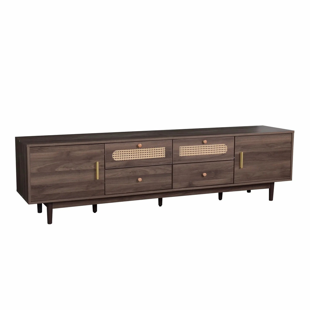 TV Stand With Drawers | Rattan Accents | Two Drop-Down Doors | Dark Brown Entertainment Center