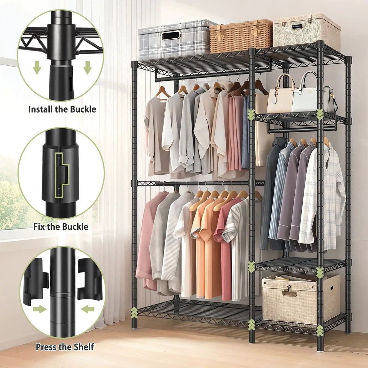 Freestanding Clothes Rack, With 6 Adjustable Wire Shelves And 3 Garment Rails | Freestanding Organizer | Steel | Black