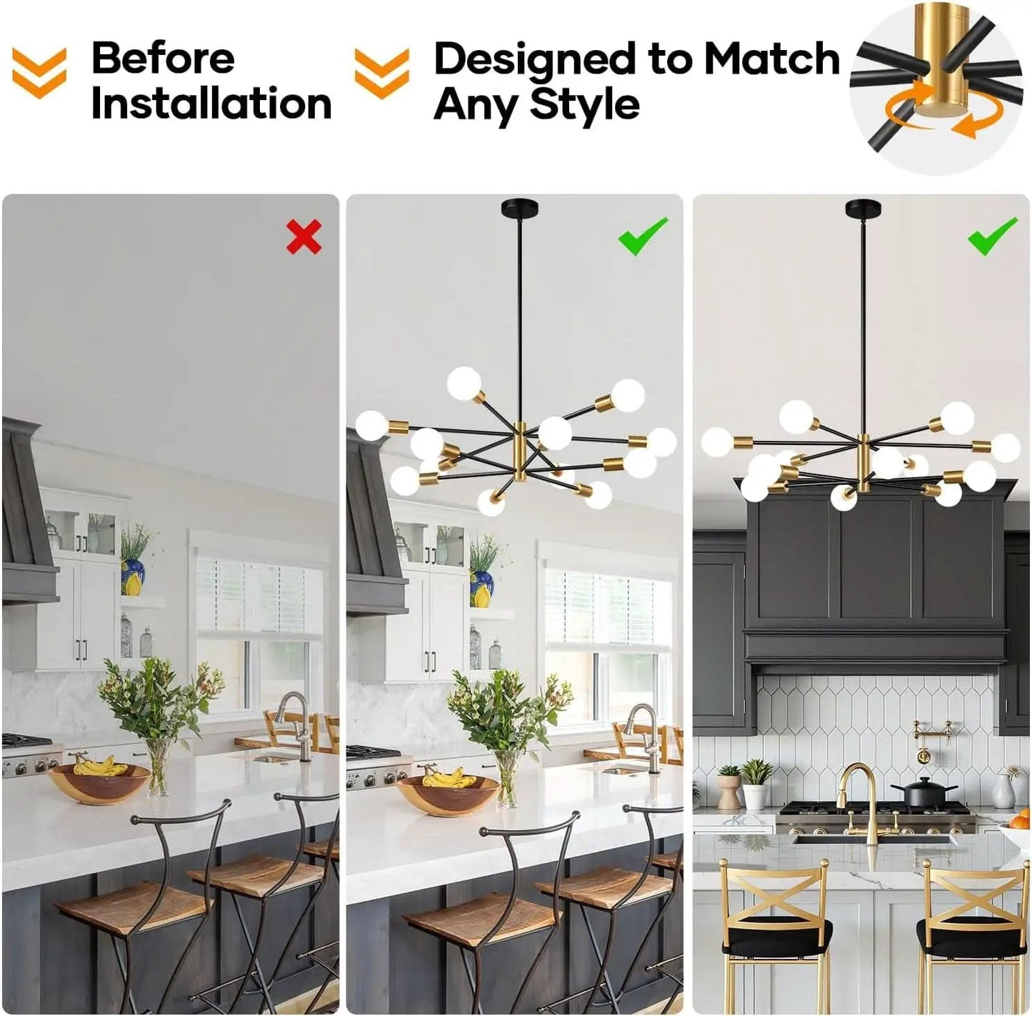 33 Inch Modern Black Gold Chandelier 12 Light Adjustable from PriceLows™