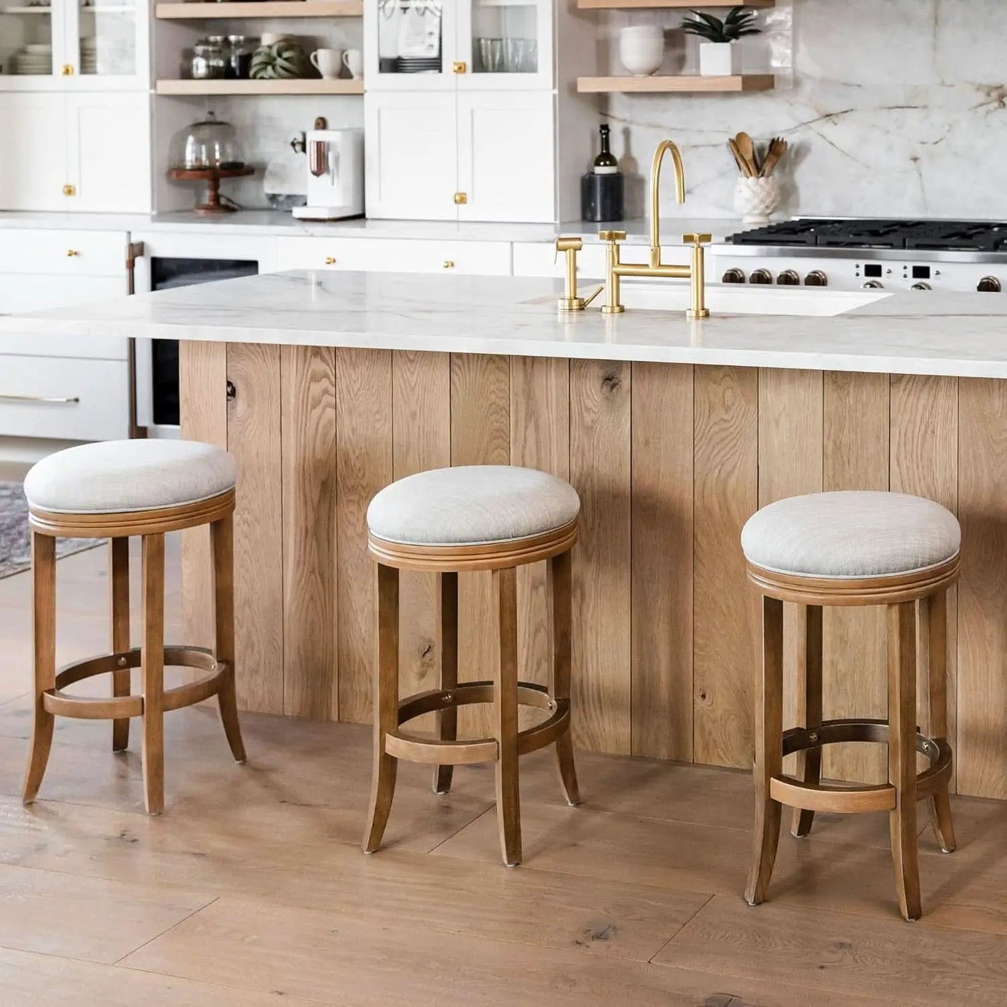Eva 31 Inch Bar Height Backless Swivel Bar Stool Weathered Oak Sand Fabric from PriceLows™