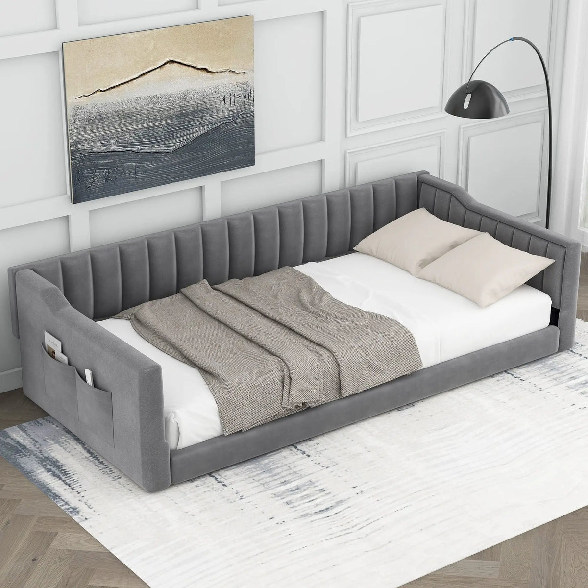Compact Daybed | Side Storage Pocket | Vertical Stripe Upholstery | 87.8 Inch Length