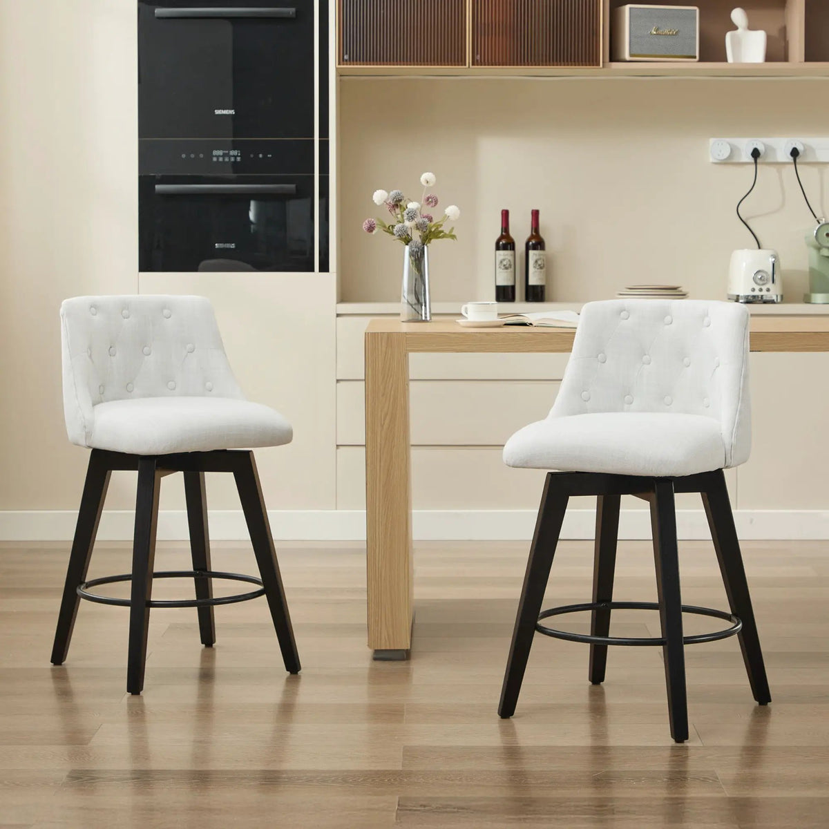 Swivel Bar Stools | Set Of 2 | Button Tufted Back | 360 Degree Silent Swivel