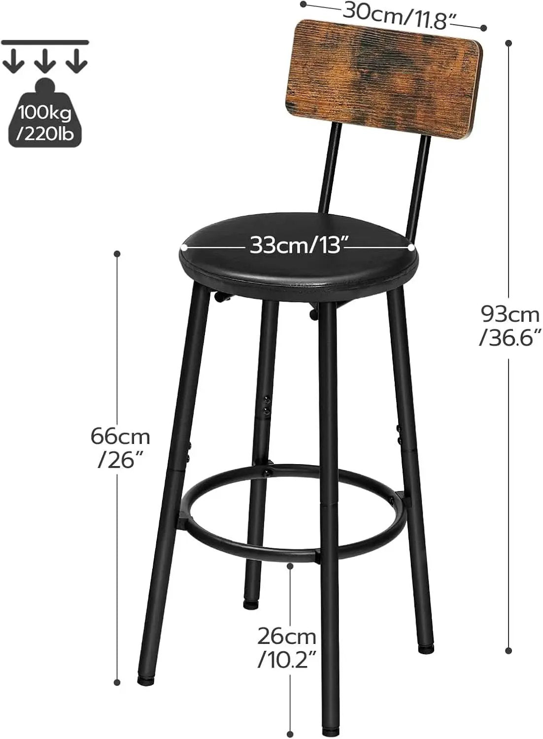 Rustic Brown PU Bar Stools Set of 2 26 Inch With Footrest from PriceLows™