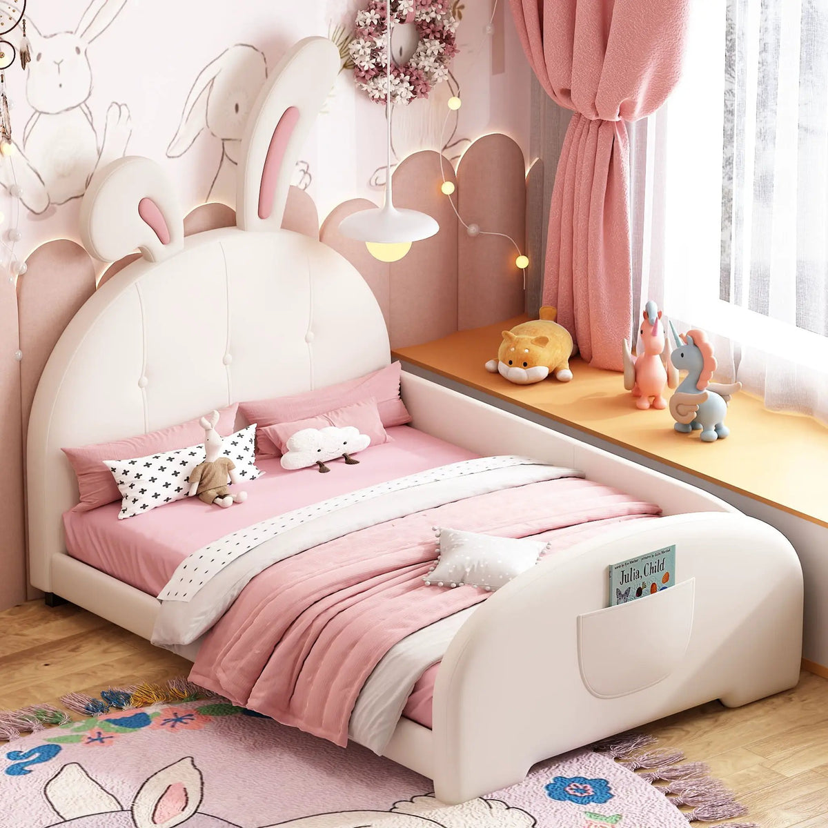 Upholstered Rabbit-Shape Princess Bed | Headboard And Footboard | Humidity Resistant Frame | 51.2 Inch Height