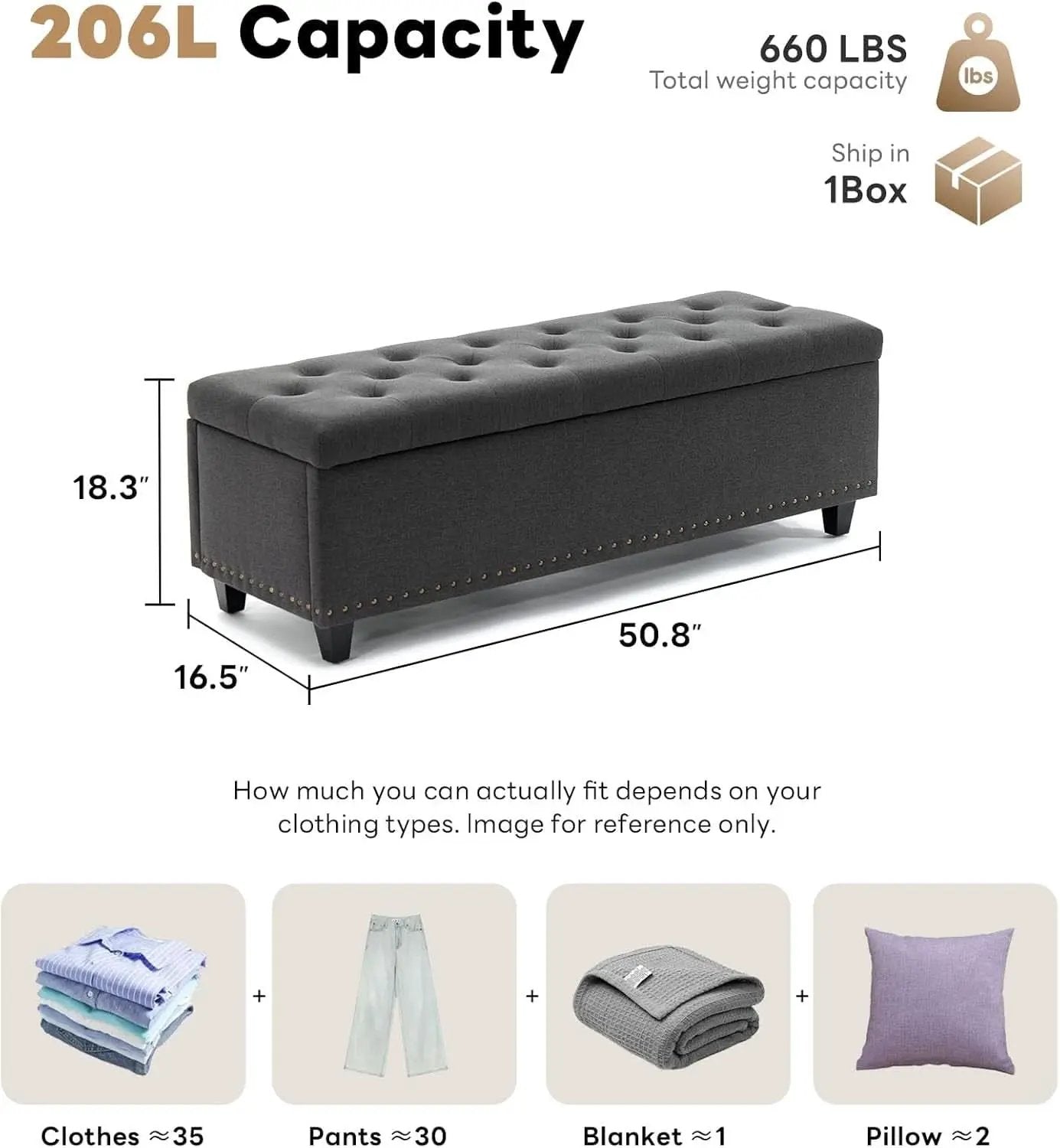 50.8 Inches Gray Upholstered Storage Ottoman Bench from PriceLows™