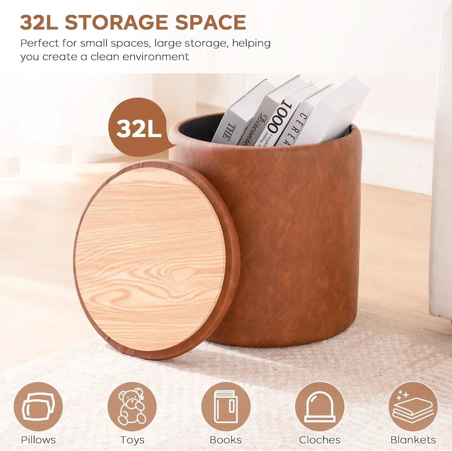 Dark Brown Faux Leather Round Storage Ottoman from PriceLows™