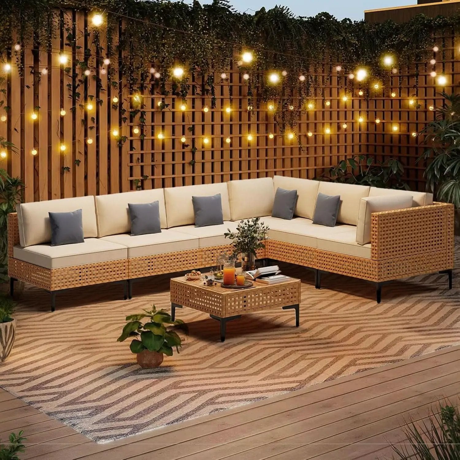 110 Inch Large 7 Piece Wicker Outdoor Patio Set Beige Cushions from PriceLows™