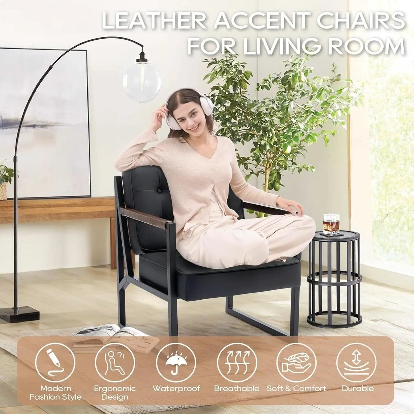 Mid Century Classic Black Leather Upholstered Accent Chair from PriceLows™