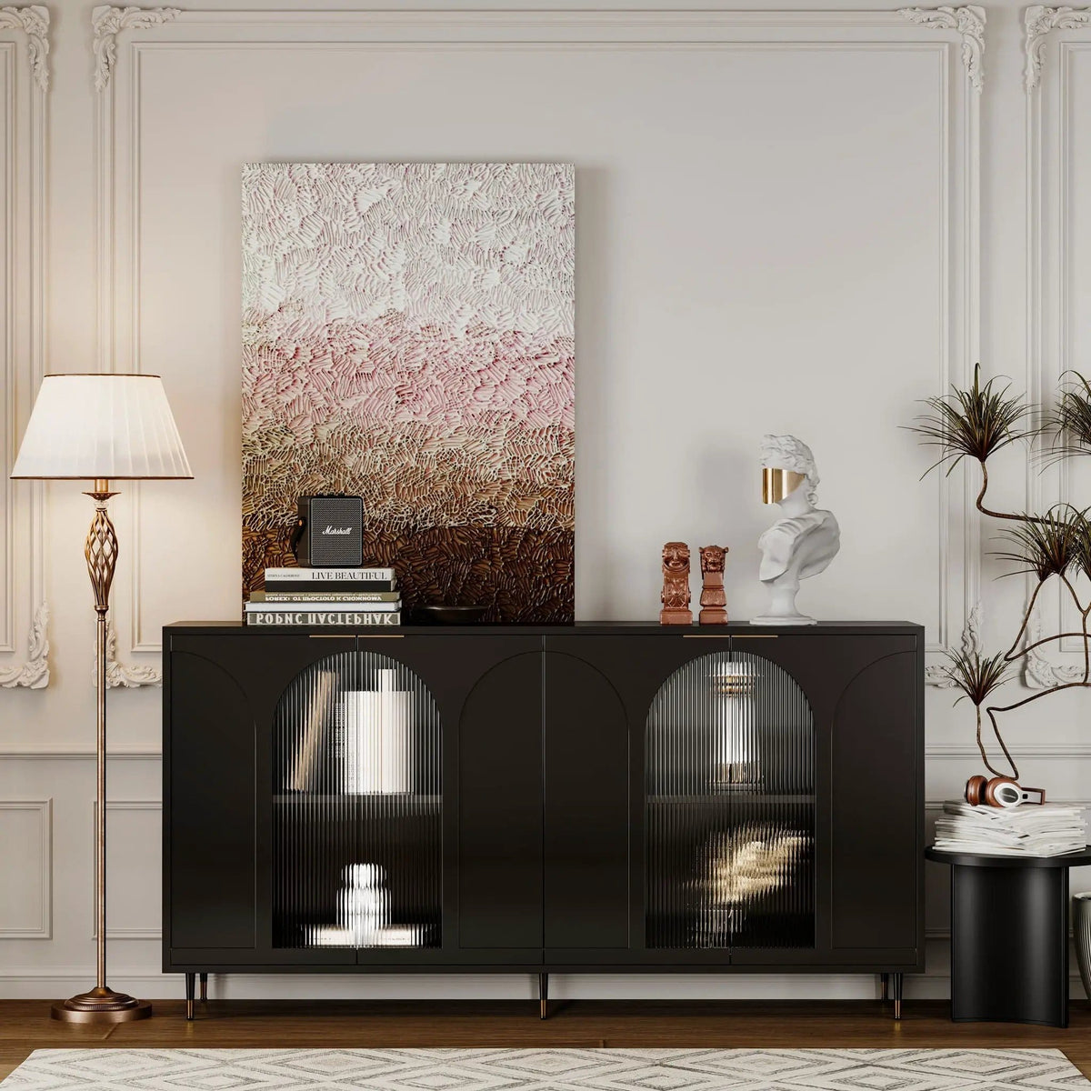 Accent Cabinet Lacquered Wooden Cabinet With 4 Glass Doors Sideboard Buffet Server | 59.84 x 15.75 x 33.46 in | Glass & Metal | Dining Room