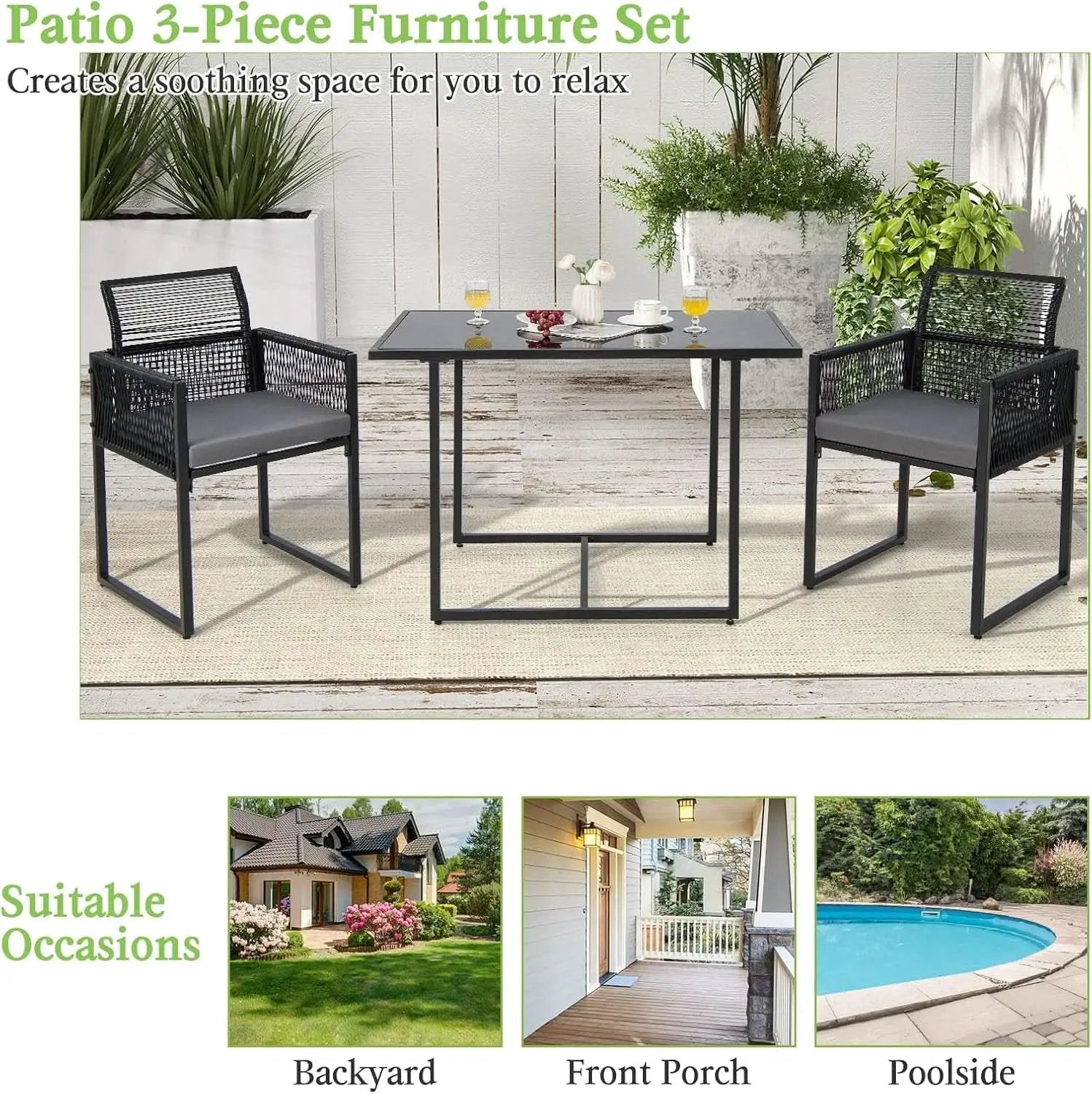 3 Piece Outdoor Dining Set With Folding Backrests And Tempered Glass Tabletop For Patio And Poolside from PriceLows™