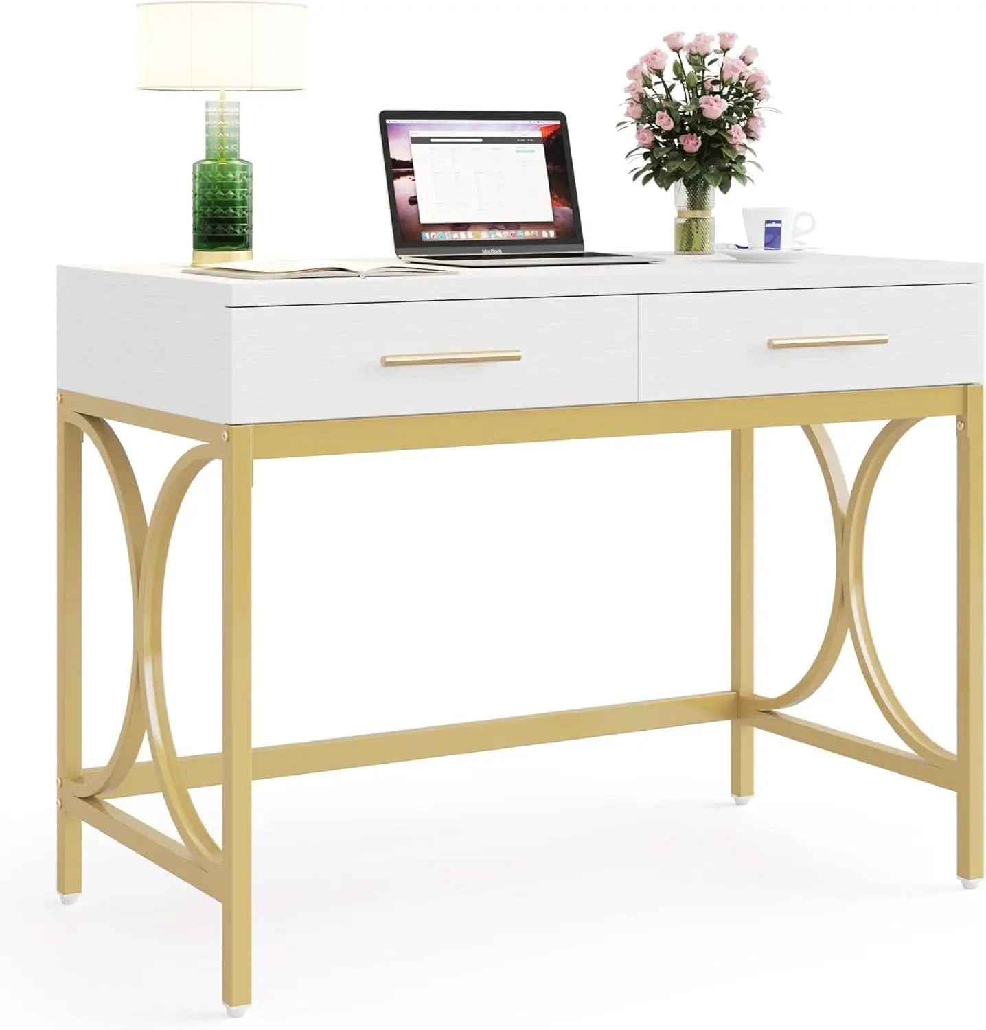 41 Inch White And Gold Computer Desk With 2 Drawers from PriceLows™