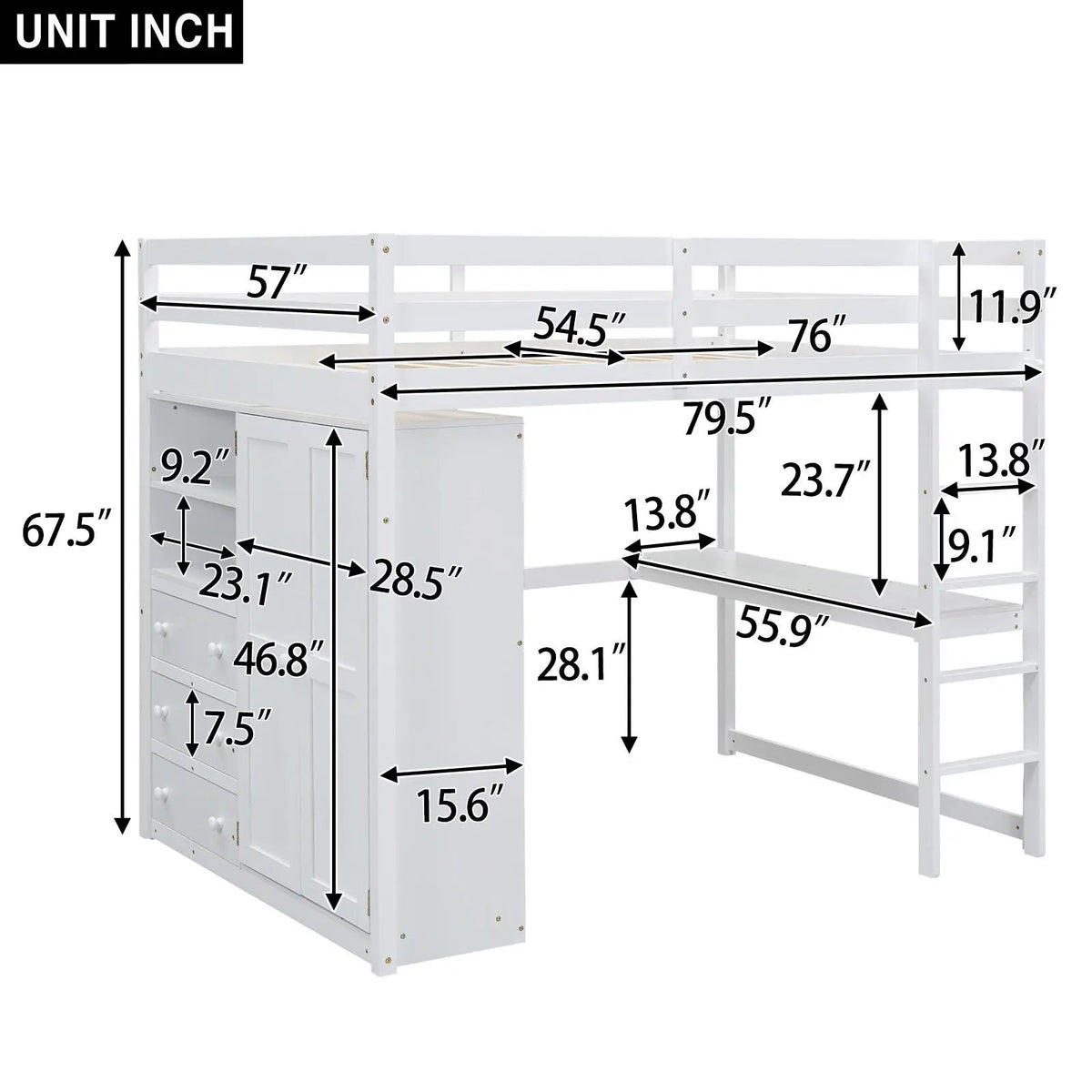 Loft Bed With Wardrobe | Built-In Desk | Two-Tier Shelves | Three Large Drawers