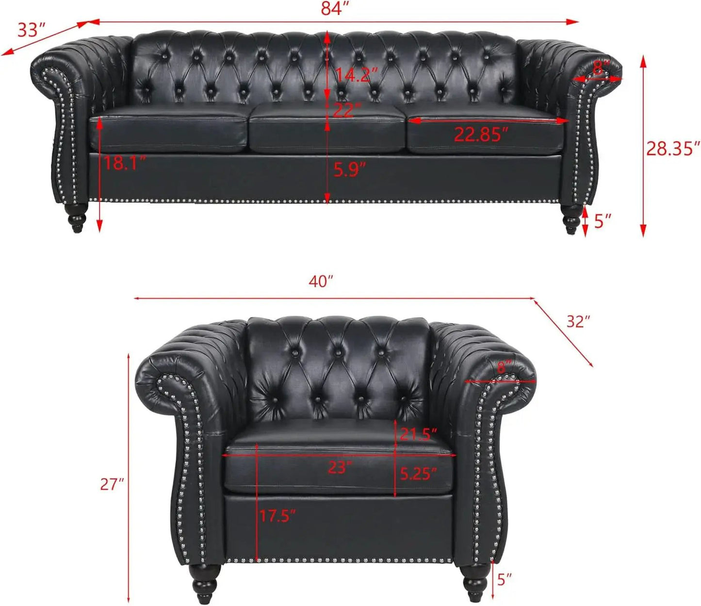 Modern Black Faux Leather Tufted Sofa and Chair Set from PriceLows™