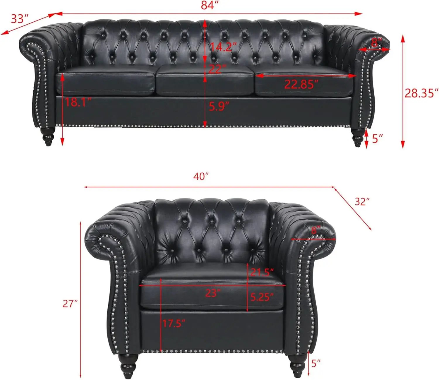 Modern Black Faux Leather Tufted Sofa and Chair Set from PriceLows™