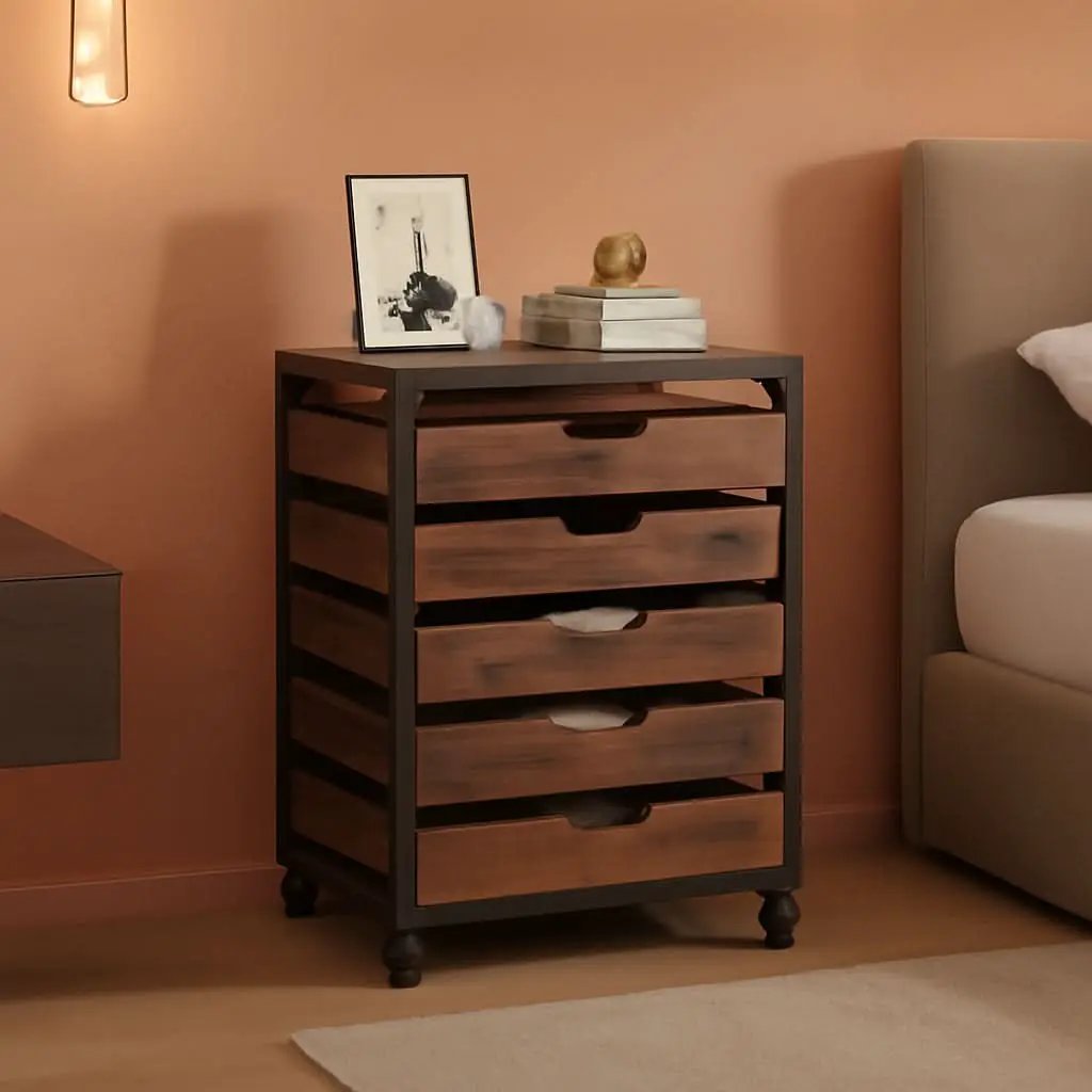 Industrial Five Drawer Wood Dresser Cart BrownFinish from PriceLows™