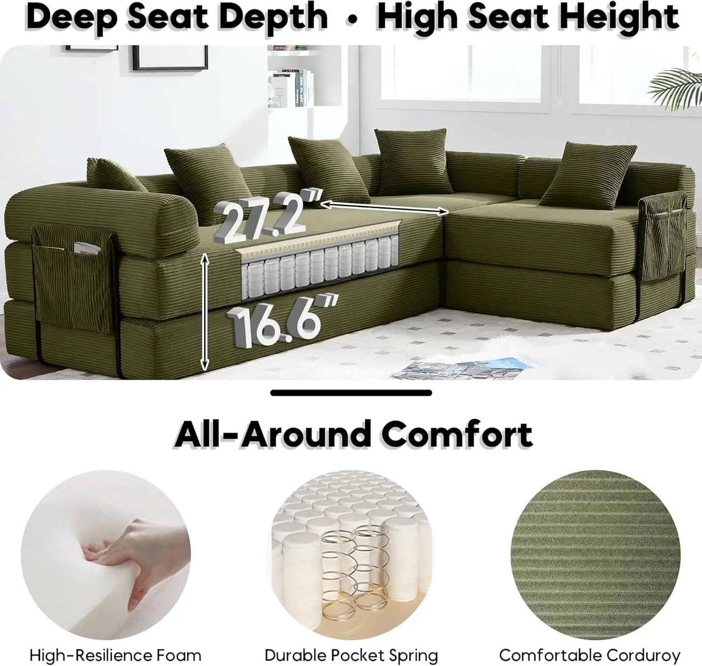 Olive Green Corduroy Premium Modular Sleeper SofaBed from PriceLows™